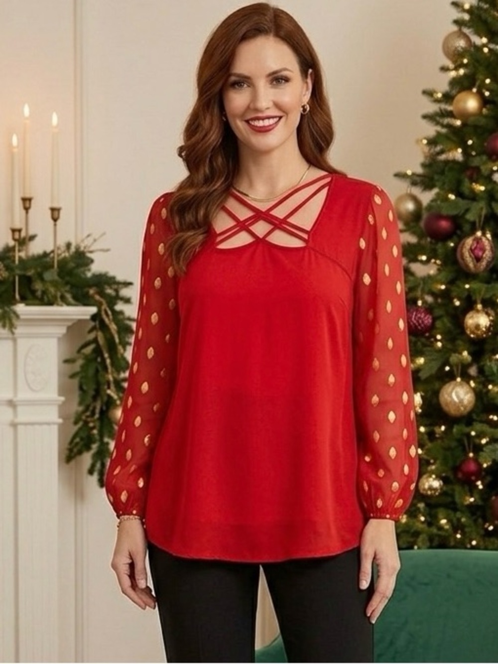 Louise Paris Red Caged Neck Blouse Gold Foil Polka Dot Sheer Balloon Sleeve XL